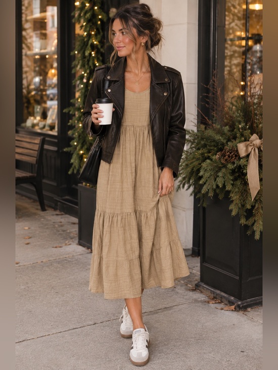 OAK + FORT Dresses & Skirts - Oak + Fort Tiered Midi Dress Plaid Cotton Maxi Dress in Brown Small